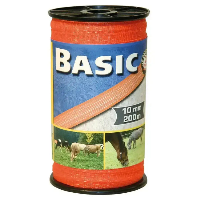 Bright orange 10mm nylon corral basic fencing tape 200m wound on black plastic spool for easy use