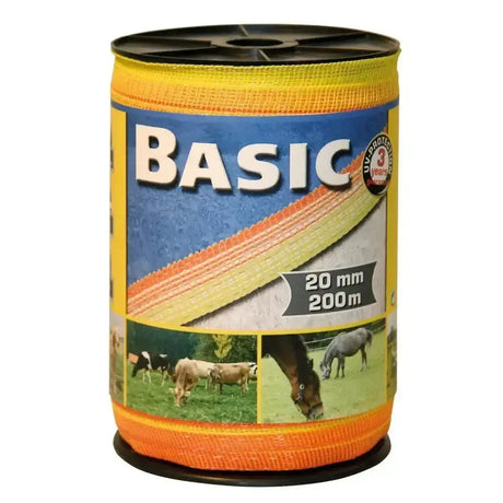 A spool of bright yellow and orange woven polypropylene corral basic fencing tape 200m x 20mm for garden use