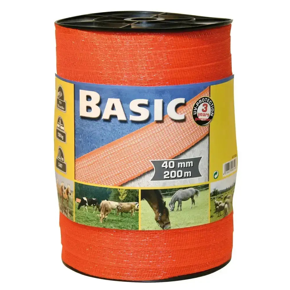 Bright orange corral basic fencing tape 200m x 40mm polypropylene mesh on black spool with uv protection and farm animal design