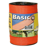 Bright orange corral basic fencing tape 200m x 40mm polypropylene mesh on black spool with uv protection and farm animal design