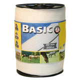 A spool of corral basic fencing tape 200m x 40mm white garden netting with uv protection and black plastic core