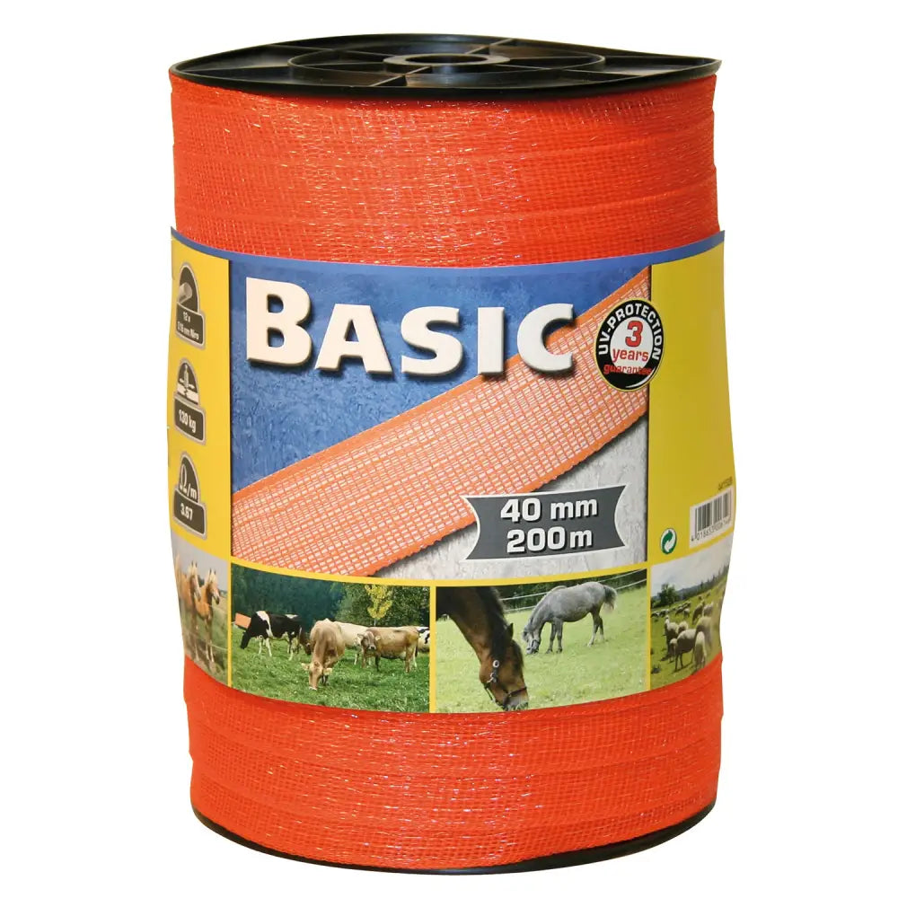 Orange Corral Basic Fencing Tape 200m x 40mm with farm animal images on packaging