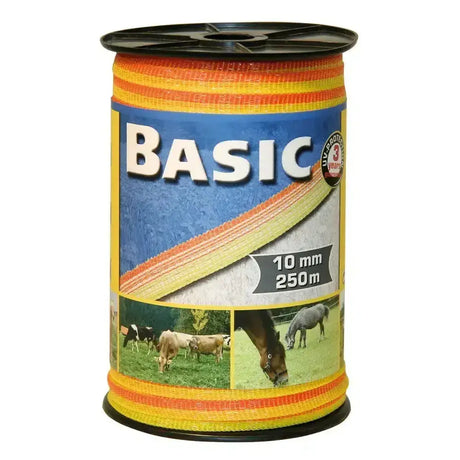 A spool of corral basic fencing tape 250m x 10mm in bright orange and yellow with stainless steel conductors