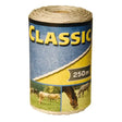 A 250-meter roll of natural-colored braided jute corral classic fencing polywire with a blue and yellow label classic fencing polywire