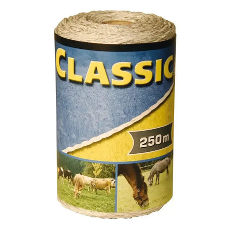 A 250-meter roll of natural-colored braided jute corral classic fencing polywire with a blue and yellow label classic fencing polywire