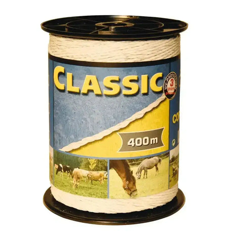 A spool of white twisted polypropylene corral classic fencing polywire 400m with uv protection and classic label