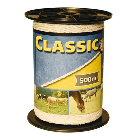 A 500-meter spool of white twisted polypropylene fencing polywire 500m with a blue yellow corral classic fencing label