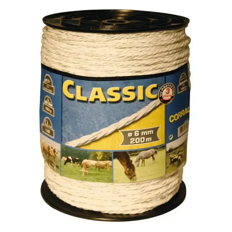 A spool of white braided polypropylene corral classic fencing rope 6mm diameter 200m length with reinforced stainless steel