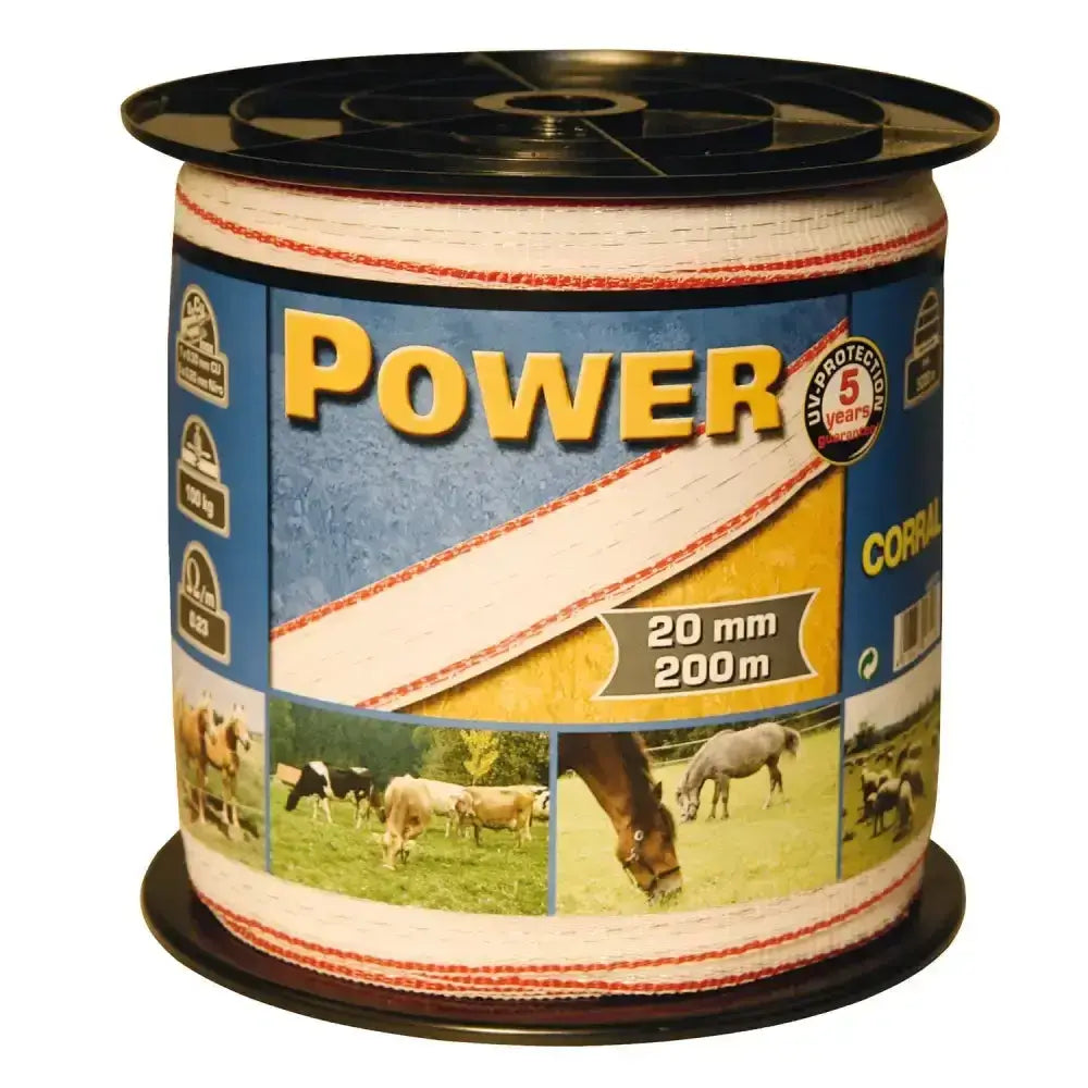 White and red striped polypropylene corral classic fencing tape 200m on black spool with power branding