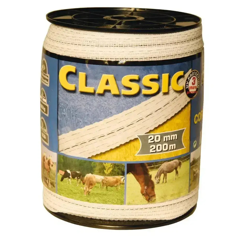 White woven polypropylene corral classic fencing tape 200m x 20mm on spool with farm label for durable fencing use