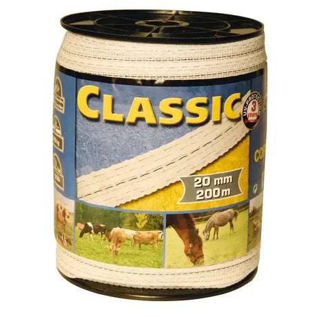 White woven polypropylene corral classic fencing tape 200m x 20mm on spool with farm label for durable fencing use