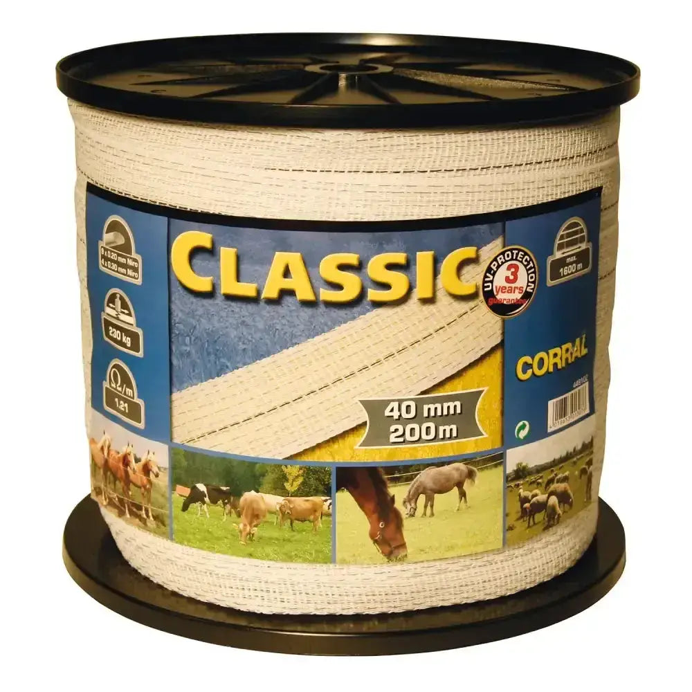 A spool of white woven polypropylene classic fencing tape 40 mm x 200 m on a black reel labeled with farm animals