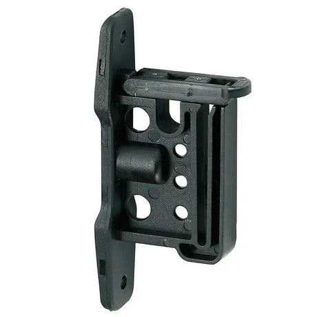 Black plastic corral clip insulator with central knob and circular cutouts ideal for fence line insulator use