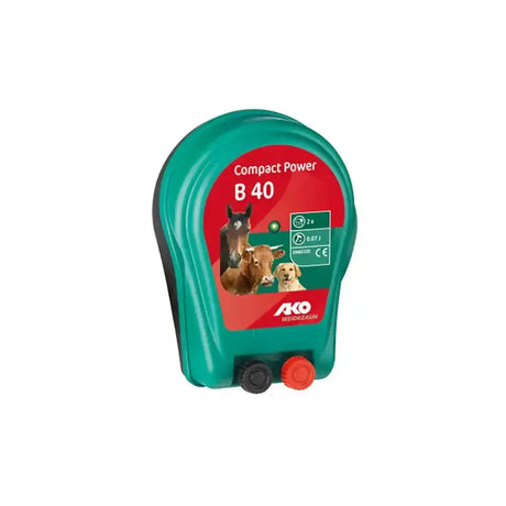 Teal plastic electric fence energizer with red label showing horse cow dog for corral compact power b 40