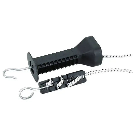 Black plastic horse gate puller with textured grip and patterned rope for corral e-line gate tensile electric fencing kit
