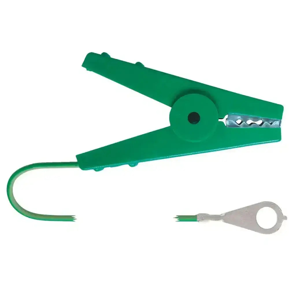 Green plastic corral earth connecting alligator clip with metal jaw and attached metal eye hook for cable earth connecting