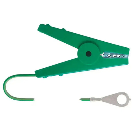 Green plastic corral earth connecting alligator clip with metal jaw and attached metal eye hook for cable earth connecting