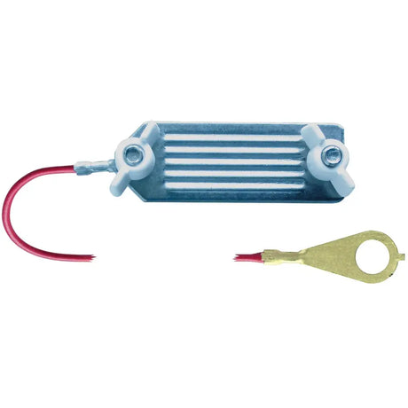 Silver rectangular automotive alternator regulator with red wire and brass terminal for corral energiser-to-tape connector electric fencing