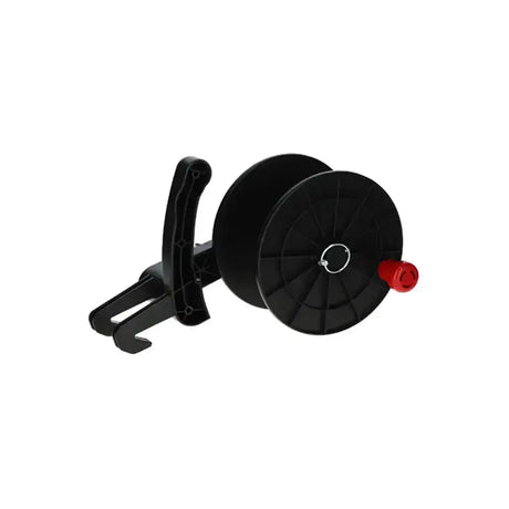 Black plastic fishing line spool with red handle and metal ring on the side for corral euro reel eco use