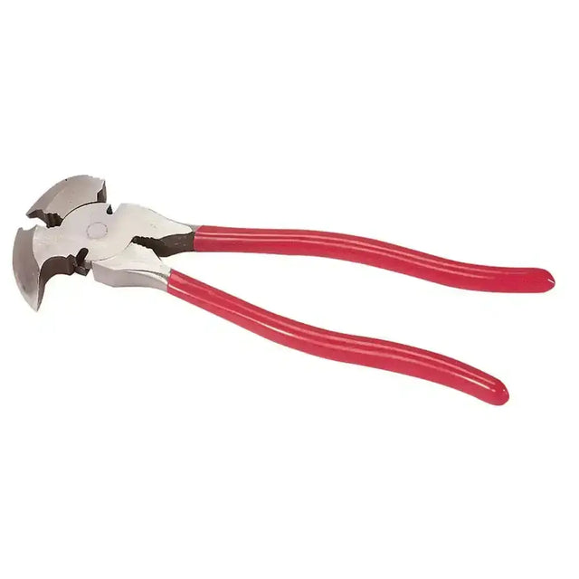 Red-handled corral farmer pliers with metallic curved cutting head for cutting 5mm diameter pipes and tubes