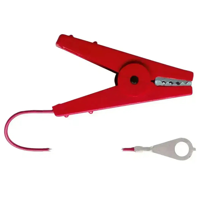 Red plastic battery terminal clip with metal jaw and wire hook for corral fence connecting cable use