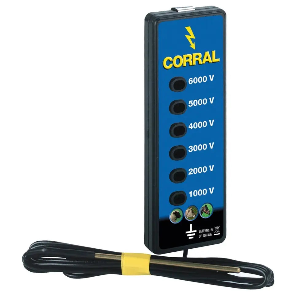 Blue and black corral fence line tester electric fencing controller with voltage settings from 1000v to 6000v