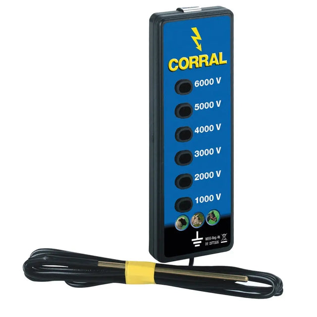 Blue and black corral fence line tester electric fencing controller with voltage settings from 1000v to 6000v
