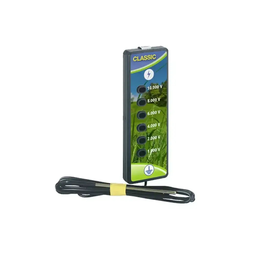 Black plastic corral fence tester with six voltage toggle switches 10 kv to 1 kv and coiled cable secured by yellow band
