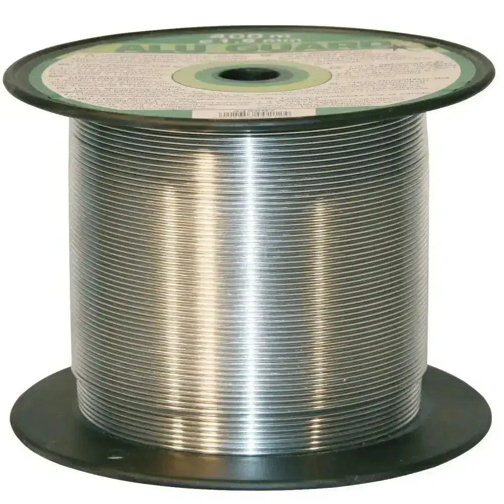 A spool of shiny silver aluminium corral fencing wire with excellent conductivity neatly wound and labeled