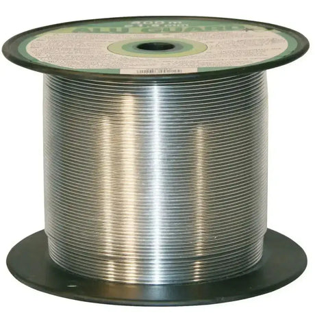 A spool of shiny silver aluminium corral fencing wire with excellent conductivity neatly wound and labeled