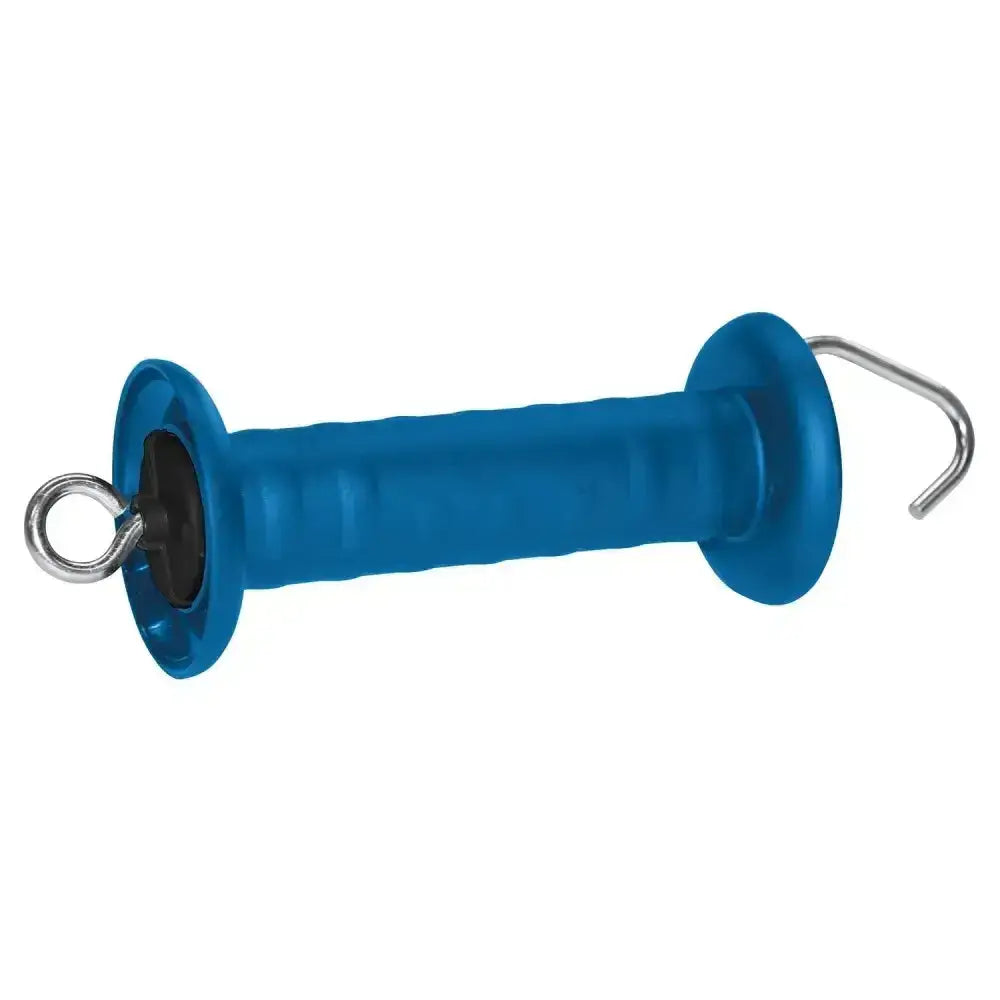 Blue plastic corral gate handle with metal hook and tension limiter to prevent over-stretched springs