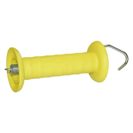 Yellow plastic corral gate handle with metal hook and simple tension spring for secure fence closing