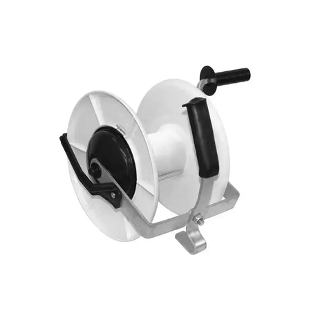 White and black corral geared reel hose reel with 3-way transmission and metallic mounting bracket for easy use