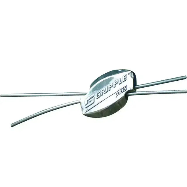 Silver metallic corral gripple wire connector with sleek oval body and parallel rods for fence repairs six times faster