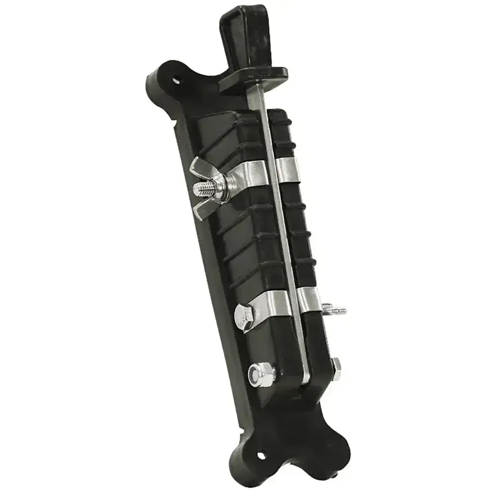 Black plastic drum stand clamp with silver metal hardware and central rod for corral heavy duty electric fencing systems