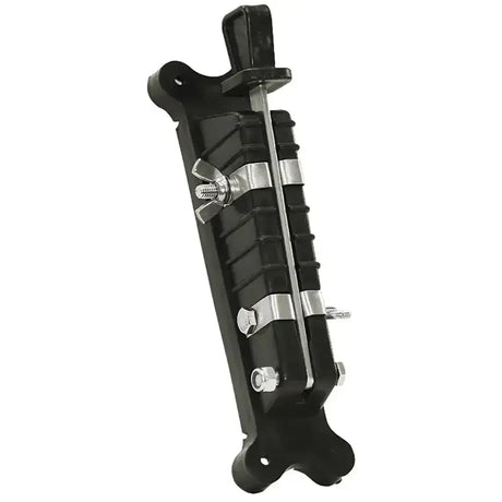 Black plastic drum stand clamp with silver metal hardware and central rod for corral heavy duty electric fencing systems
