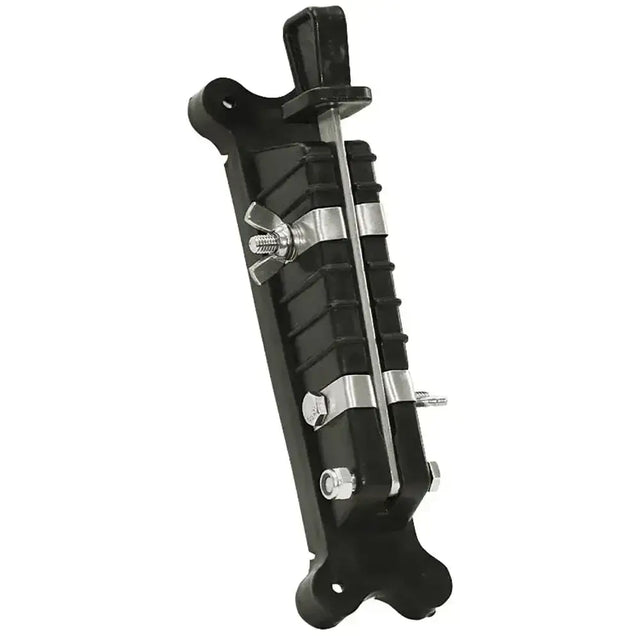 Black plastic drum stand clamp with silver metal hardware and central rod for corral heavy duty electric fencing systems