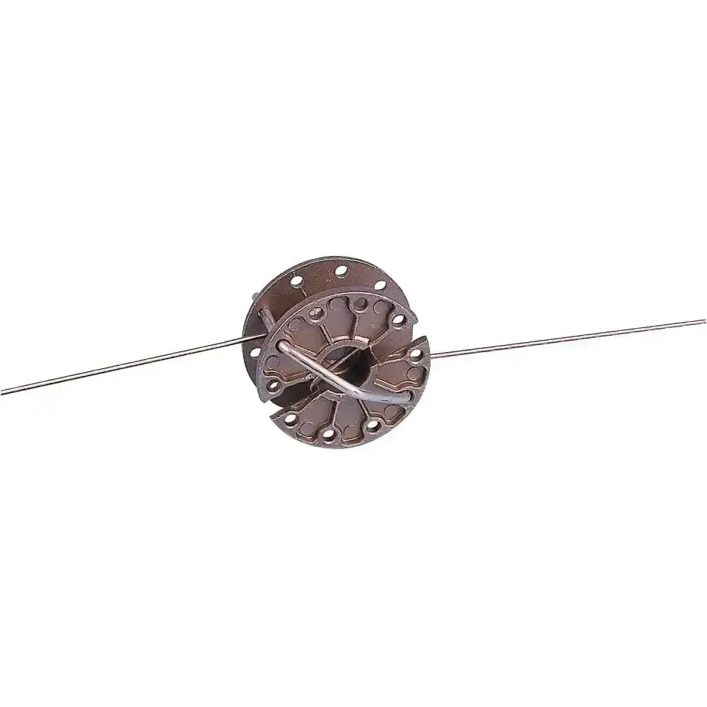 Bronze corral in-line strainer with gear-like design and two thin wires threaded to strainer rapidly tightens