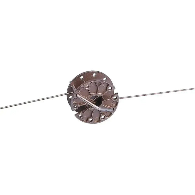 Bronze corral in-line strainer with gear-like design and two thin wires threaded to strainer rapidly tightens
