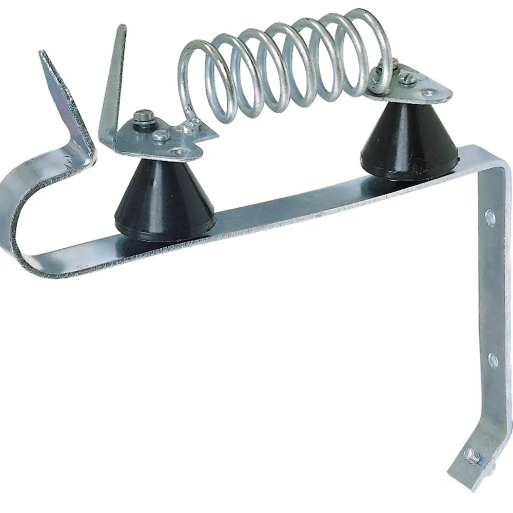 Metal spring-mounted wall bracket with black rubber cones and silver finish for corral lightning choke electric fencing