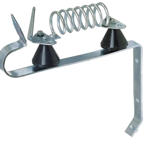 Metal spring-mounted wall bracket with black rubber cones and silver finish for corral lightning choke electric fencing