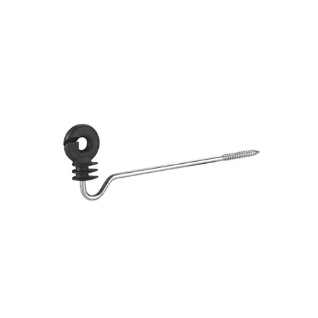 Black plastic-coated corral offset ring insulator with metal hook and threaded shaft for secure attachment