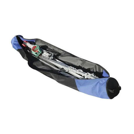 Blue and black carrying case for corral paddock set ski poles with green and red handles perfect for electric fencing gear