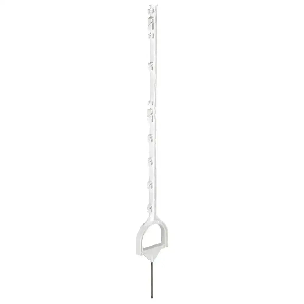 White plastic corral plastic stirrup post with d-shaped handle and multiple hooks for easy setup
