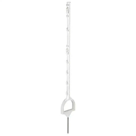 White plastic corral plastic stirrup post with d-shaped handle and multiple hooks for easy setup