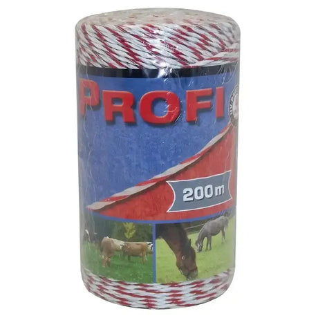 A spool of red and white corral profi fencing polywire 200m wrapped in clear plastic with a blue profi label