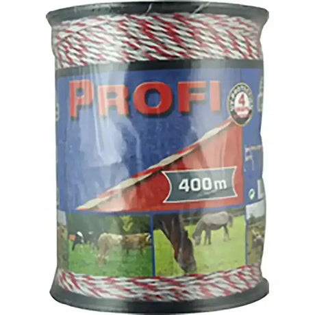 A spool of red and white braided corral profi fencing polywire 400m for durable fencing use