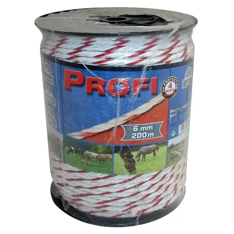 A spool of red and white striped 6mm polypropylene corral profi fencing rope 200m for durable fencing use