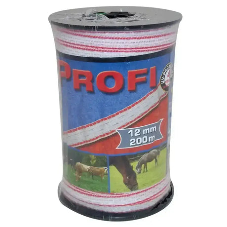 A spool of white and red striped 12mm polypropylene corral profi fencing tape 200m with uv protection label