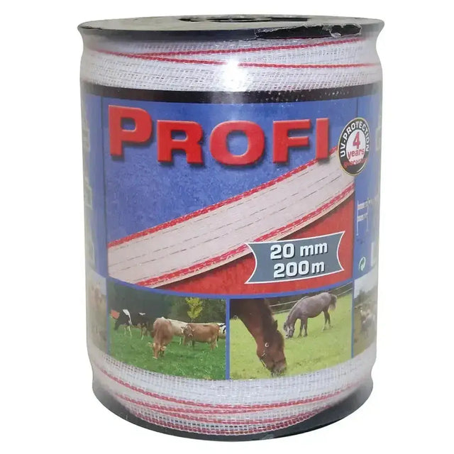 A spool of white and red striped corral profi fencing tape 200m x 20mm woven for durable fencing use